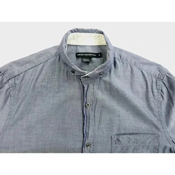 French Connection Size Small Mens Blue Embroidered Pocket Logo Button Down Shirt - Picture 5 of 11